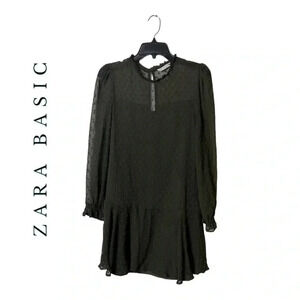 0104. ZARA BASIC SWISS‎ DOT MINI LONG SLEEVE DRESS SIZE SMALL BROWN IN COLOR